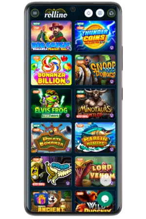 Rollino Casino UK game search interface showing slot filters and game categories for British players