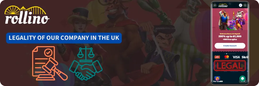 Rollino Casino UK legal compliance banner showing UKGC license verification, mobile app interface, and regulatory approval symbols for British players