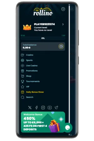 Rollino Casino UK mobile navigation menu featuring sports betting, live casino and games sections