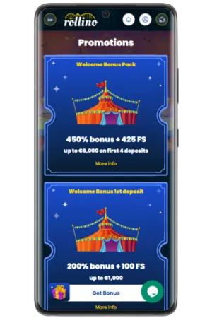 Rollino UK promotions page displaying active bonus campaigns and special offers for British users