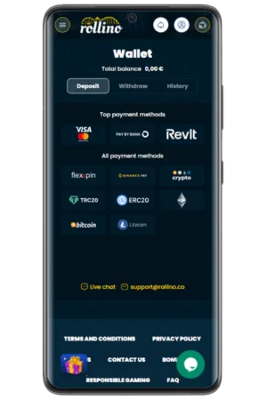 Rollino Casino UK deposit options showing GBP payment methods for British players