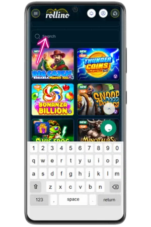 Rollino Casino UK game lobby featuring slot machines and table games for British players