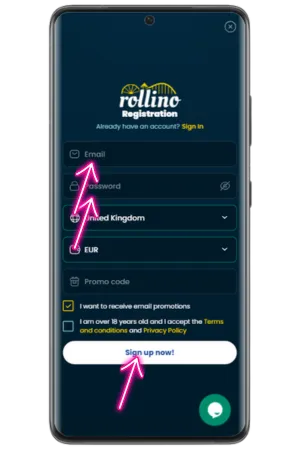 Rollino Casino UK registration form with fields for British player verification