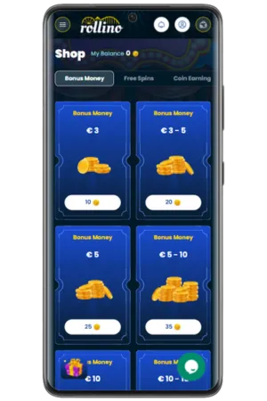Rollino Casino UK loyalty shop interface showing reward exchange options and bonus purchases