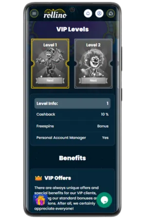 Rollino UK VIP rewards program dashboard featuring tier benefits and exclusive bonuses for premium players