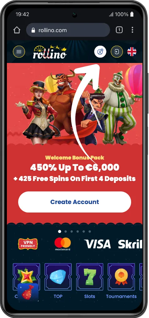 Open the website and click the “rollino casino login” button at the top.