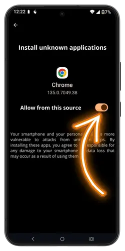 Allow installation Rollino from unknown sources on Android device
