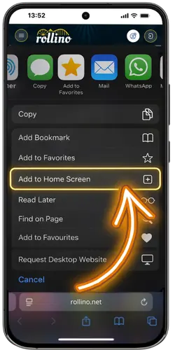 Shortcut installation Rollino app process on mobile device