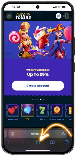Share icon used to access Add to Home Screen option Rollino download app